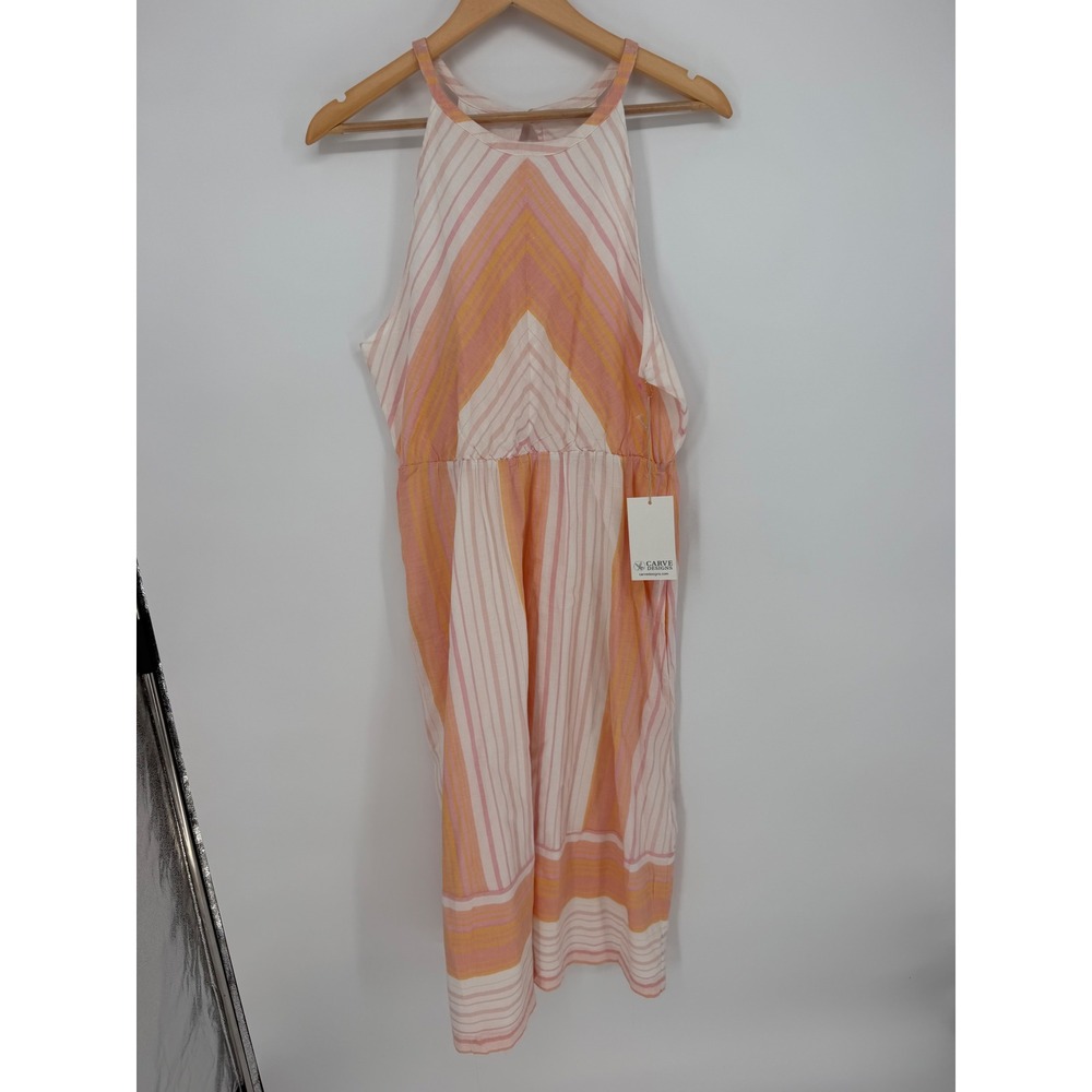 Carve Midi Dress M Pink Orange Striped Halter Organic Cotton Coastal Beach